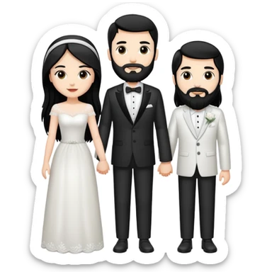couple of newlyweds holding hands, white skin man with black hair and beard; white skin woman with long black hair and black eyes sticker