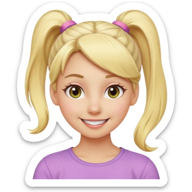 A playful blonde female cartoon character with wide, mischievous eyes, smiling, ponytail, dynamic pose suggesting movement, pastel colors, minimalistic and cute emoji style. sticker