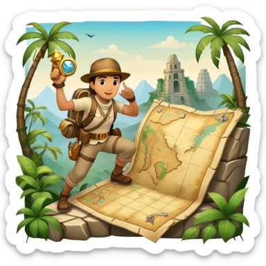 An icon featuring an adventurer in a dynamic action pose with treasure map, ancient ruins and jungle landscapes in the background. The design includes clues, hidden passages and climbing gear, symbolizing the thrill of exploration and discovery. Transparent background. sticker