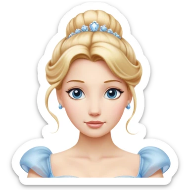 Cinematic Realistic Cinderella Portrait, depicted with lifelike skin texture, subtle rosy undertones, and soft natural lighting that enhances the gentle contours of her face. Her intricately detailed golden blonde hair is elegantly styled in an updo, with delicate wisps framing her face. Her deep, expressive blue eyes radiate warmth and sincerity, reflecting a quiet resilience and grace. She holds a glass slipper gently in one hand, her other hand resting gracefully at her side, emphasizing the timeless beauty of the moment. She is dressed in her iconic ball gown, the fabric shimmering with intricate embroidery and fine translucent layers that catch the light beautifully. The soft sheen of satin gloves adds a magical touch to her graceful pose. The portrait features an enchanting glow with a natural, luminous finish, seamlessly blending realism and fairytale charm to evoke a sense of depth, elegance, and timeless beauty. sticker