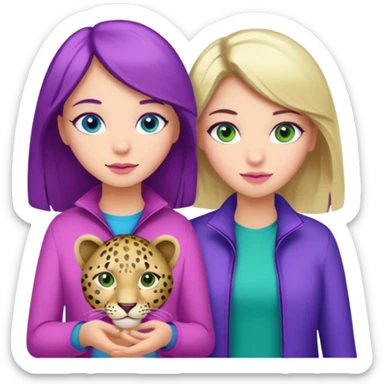 I want a brunette girl who really likes pink and leopard print, another blonde with blue eyes who likes blue, and another with light brown hair, green eyes, and purple and green colors. All together.   sticker