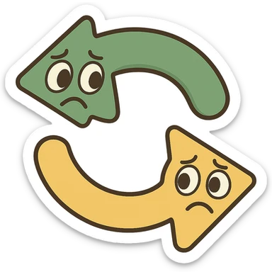 Edit the image of two turnover arrows to have both arrows frowning. Use a modern look with rounded shapes and a simple design. Apply a green, gold, and white color scheme. The image should have no background (transparent). sticker