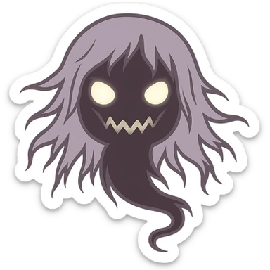 Make the girl ghost scarier by adding hollow glowing eyes, a sinister expression, and wispy, tattered hair. Keep the style consistent and remove the background. sticker