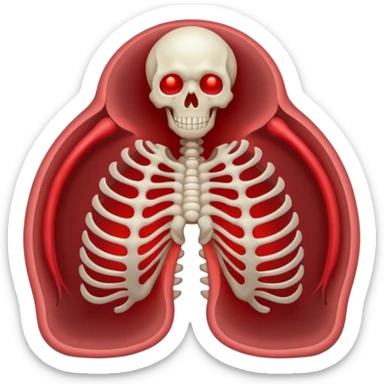 Minimalist emoji-style sticker of a ribcage x-ray with a curled-up demon inside, lines in faint white on black background, subtle red eye glow



 sticker