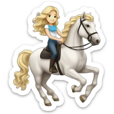 blonde girl with wavy hair riding friesian horse sticker
