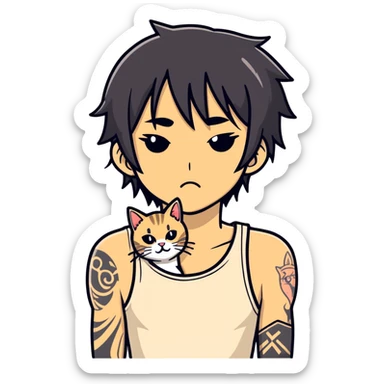 Black person with emo hair that covers his eyes is holding a beige tabby cat in his arms that it’s poking its to tongue out, the guy is tattooed in upper body wearing a white tank top sticker