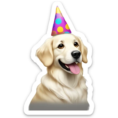 White golden retriever wearing polka dot party hat sticker