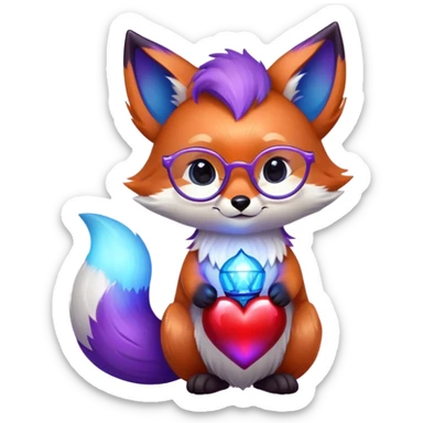 small magical fox with shimmering purple and blue fur, glowing fluffy tail, silver star on forehead, round glasses, tiny lantern, hugging a big red heart sticker