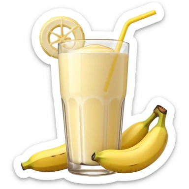 A 3D cartoon glass of banana shake, light yellow creamy texture, straw and banana slice garnish, glossy reflection, natural daylight, Memoji-style. sticker