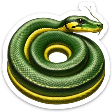 A photo-realistic top-down view of a Green Anaconda tightly coiled in a spiral, with its broad, flat head resting at the center. Its thick, muscular body is olive-green and covered in symmetrical, bold black oval spots that stand out against its smooth scales, creating striking natural camouflage. sticker
