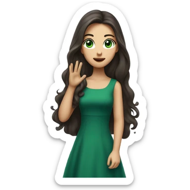 a brunette with long hair and green eyes and in a dark blue dress sends an air kiss sticker