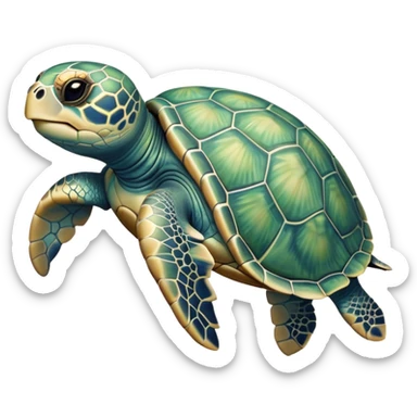 Cinematic Realistic Cute Sea Turtle Portrait Emoji, Head tilted playfully and inquisitively, featuring a compact, gentle form with a beautifully detailed shell adorned with natural patterns and a soft, expressive face with sparkling eyes, rendered with realistic textures and warm ambient light; high shine, affectionate and spirited, styled with a touch of marine whimsy, soft glowing outline, capturing the essence of a mischievous yet lovable sea turtle that seems ready to swim playfully into your arms! sticker