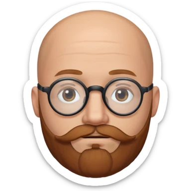 emoji 32-year-old white man, bald with a chestnut beard and mustache, small head with round black glasses. sticker