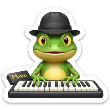A meme frog with ironic face and a keyboard in one hand wearing yellow hat with black miro branding logo sticker
