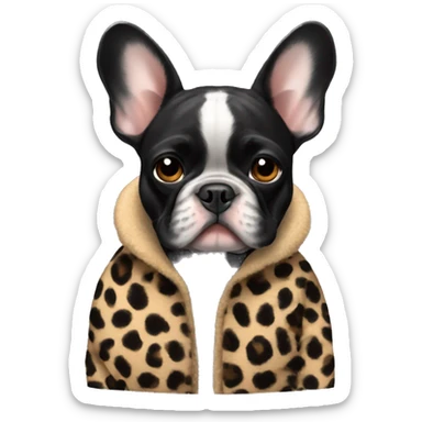 All black French bulldog wearing a cheetah coat sticker