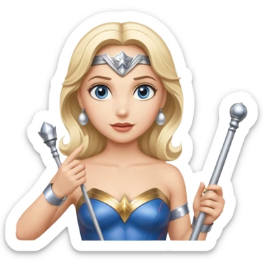 Blonde blue eyed Wonder Woman holding white orchestra conductor’s baton and bell  sticker