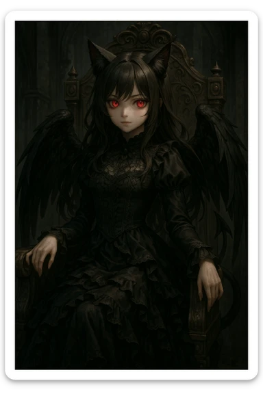 realistic anime catgirl devil with elegant gothic dress, black wings, red glowing eyes, ornate throne, dark fantasy background sticker
