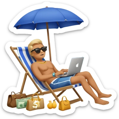 Emoji-style person relaxing on beach chair with laptop and money bag, “$20K” written in sand, sky gradient background, calm and successful tone sticker