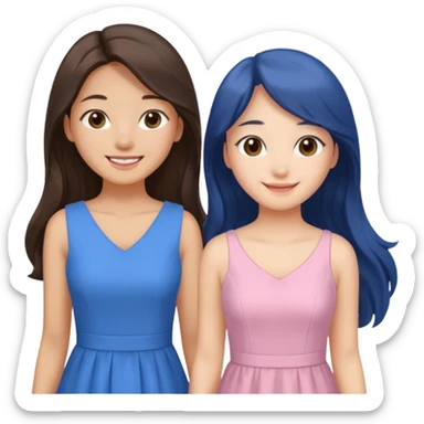 one Korean girl in blue and one white long haired brunette girl in light prink dresses smiling sticker