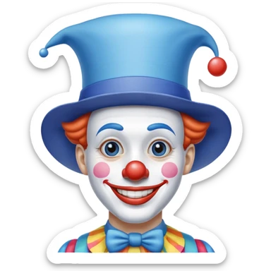 Chú hề đội mũ vuông cao xanh nước biển, cười tươi, khuôn mặt dài, 25 tuổi sticker