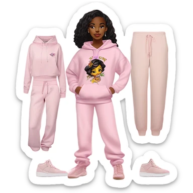 Light skin black girl, straight black hair, standing up straight, wearing a pale pink cropped Ed hardy hoodie with Ed hardy logo, along with pale pink baggy wide leg Ed hardy sweatpants with Ed hardy logo, with pale pink ugg slippers sticker