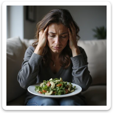 adult woman, photorealistic, ineffective diet, sad face with hands in hair, sitting on sofa with plate of salad, melancholic atmosphere, natural light, home background sticker