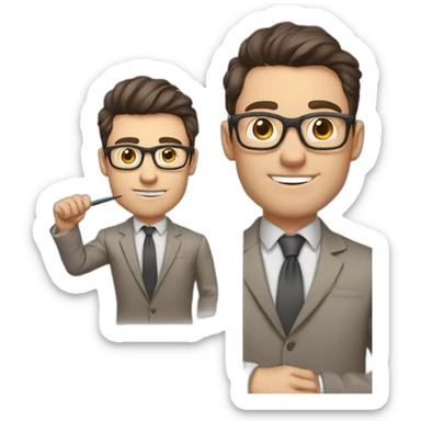 Pale skinned fit man with dark brown hair in gray jacket, beige office shirt, brown tie, brown pants and vintage glasses Writing on the marker board sticker