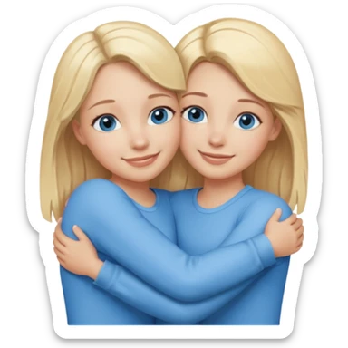 cinematic realistic two sisters with blonde hair and blue eyes hugging, smiling sticker