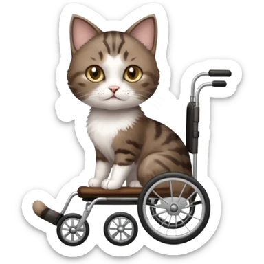full body small short hair dark brown and white cat with hazel eyes walking in a wheelchair for cats sticker