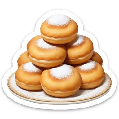 Cinematic Realistic image of simple round buñuelos, depicted with a lightly crisp, golden exterior and soft, airy interior, dusted with a subtle layer of powdered sugar and set against a rustic backdrop with warm, inviting lighting. sticker