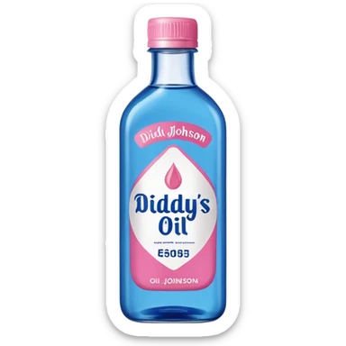 bottle of oil blue top pink outside with logo that says Diddys Oil Johnson and Johnson bottle  sticker