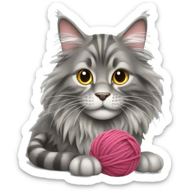 Grey maine coon playing with a ball of yarn  sticker