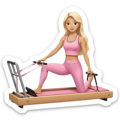 long haired blonde pilates instructor teaching reformer in pink set beige reformer sticker