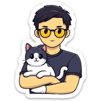 A young man with a long face and warm yellow-toned skin, black hair, wearing a pair of black glasses, cradling a grayish-white cat sticker