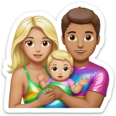 Brunette man and brunette woman with blonde baby gay rainbow glitter pride sticker