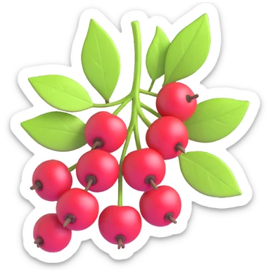 Prunus mahaleb cherry branch with berries and leaves, 3D iOS style, harmony of realism and cartoon, bright colors, clean background sticker