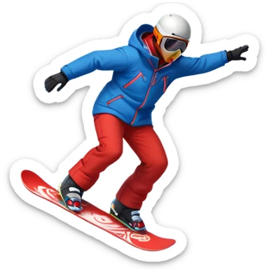 An icon showing a snowboarder performing an exciting jump on a snow-covered slope. The background features towering mountains, snow-covered trees, and a bright, clear sky. Transparent background highlights the speed, agility, and thrill of snowboarding. sticker