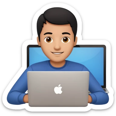 make an emoji of a happy male black hair developer behind laptop sticker