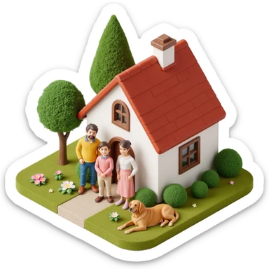 skeuomorphic icon of a cottage with a smiling family (parents, two kids) and a golden retriever, with realistic materials and depth sticker