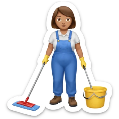 old and fat women, brown hair, Custodian with yellow rubber gloves, white T-shirt, blue overalls, mopping floor sticker