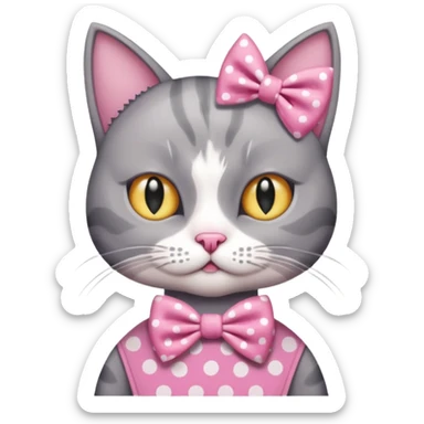 Evil Gray and white evil cat with a pink polka dot dress and with a pink polka dot bow sticker