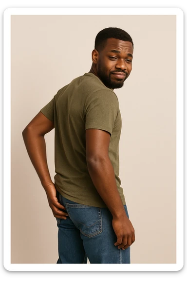 black African male, casual pose, scratching his backside, neutral background, respectful and lighthearted, no explicit content sticker