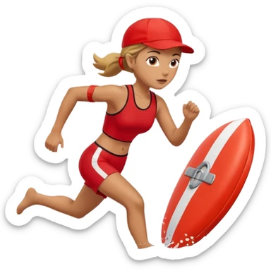 Female lifeguard – red cap, running along shore with rescue buoy sticker