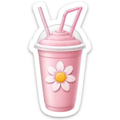 Pastel pink and white Sakura flower smoothie inside a plastic cup with a lid and straw  sticker