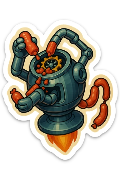 hovering robot. stuffs material into large hole on its top with 2 arms. no neck or head. large hole is where neck and head would be. spinning gears and blades in hole grind red chunks. sausage links come our of hole on backside.  3/4 view. between realism and cartoon. well lit. no dramatic lighting. metallic shiny robot. works diligently. dark humor sticker