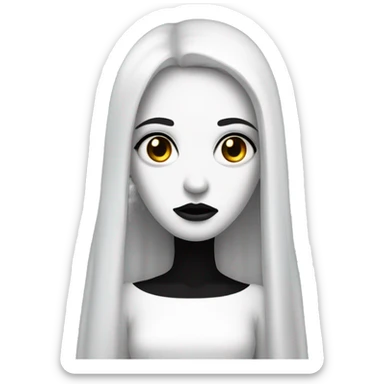 white face girl with long black hairs in white dress looking to a front like horror sticker