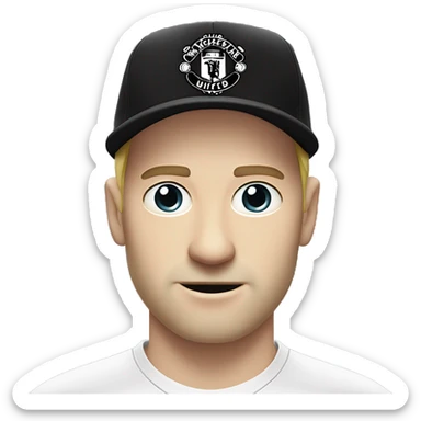 a white-skinned man without a mustache and beard in a Manchester United football club T-shirt, wearing a black hat without logos, two horns sticking out of his forehead sticker