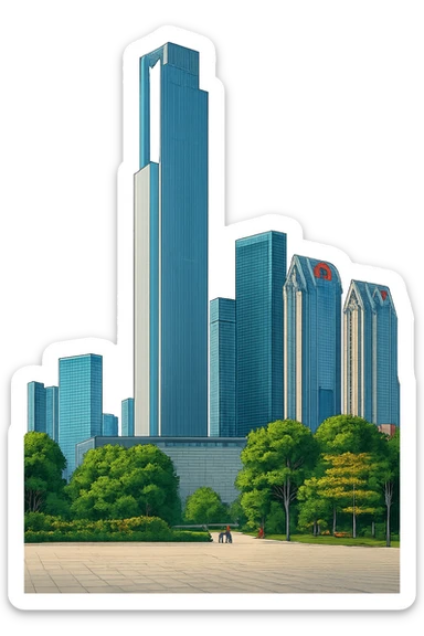 Изометричная, яркая, детализированная, объемная и фотореалистичная иллюстрация башни Guangzhou CTF Finance Centre. В стиле 3D-коллажей городов, насыщенные цвета, аккуратные и чёткие линии, мультяшно-реалистичная стилистика. Чёткие контуры, не размазанные линии, высокое качество, прозрачный фон, не обрезать края картинки sticker
