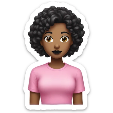 Black curly hair girl with black lipstick and pink t-shirt sticker