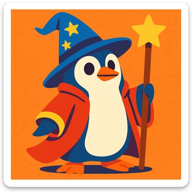 a penguin dressed as a wizard, with a pointy hat and a magic staff, in a charming, whimsical style sticker